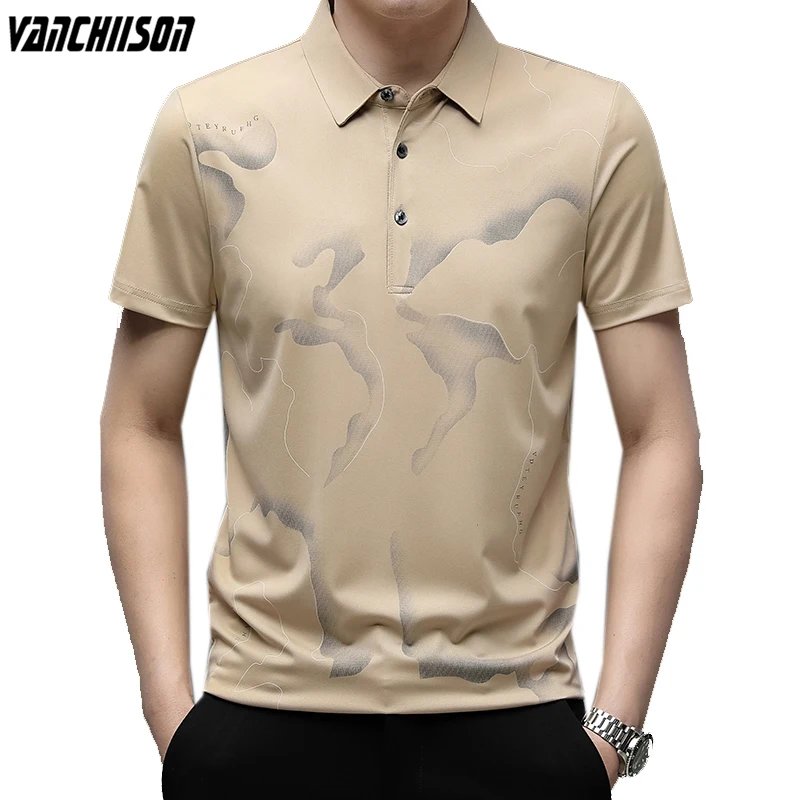Men Short Sleeve Polo Shirt Tops for Summer Gradient Print Korean Fashion Casual Business Smart Casual T715