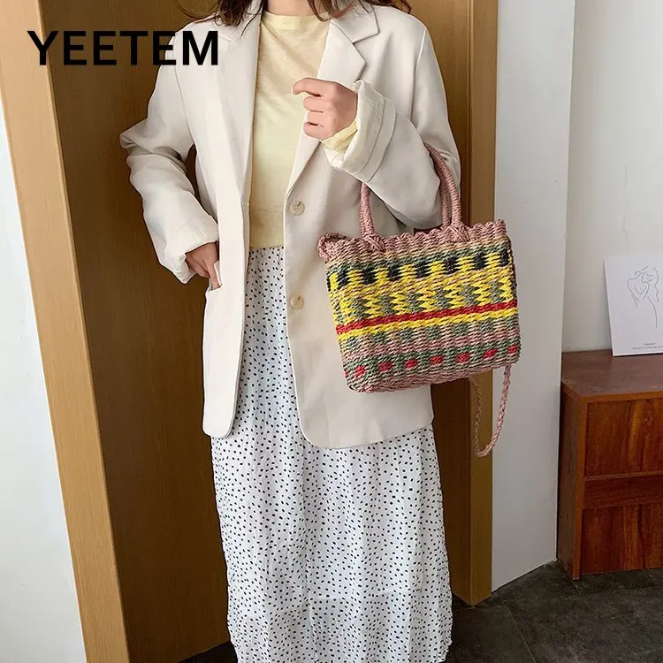 

Handmade Bohemian Hand-woven Bag Holiday Beach Girl Bag Woven Bag Straw Woven Handbag Large Capacity Ethnic Style Contrast Color