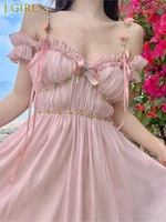 j girls pink sweet strap dress summer women elegant v neck bow floral fairy party dresses female sexy off shoulder chic vestidos