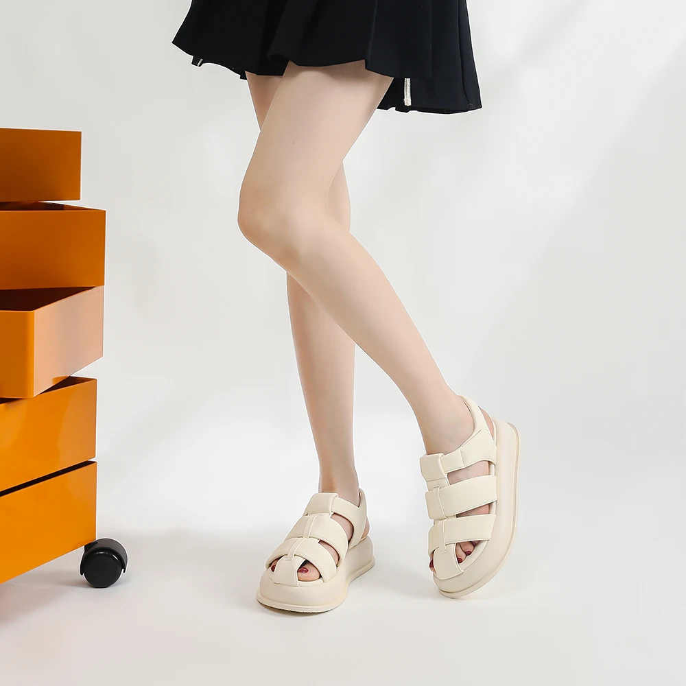 SOMILISS Women Summer Platform Sandal Hook And Loop Fastener Environmental Microfiber Leather Ladies Fashion Flat Casual Shoes