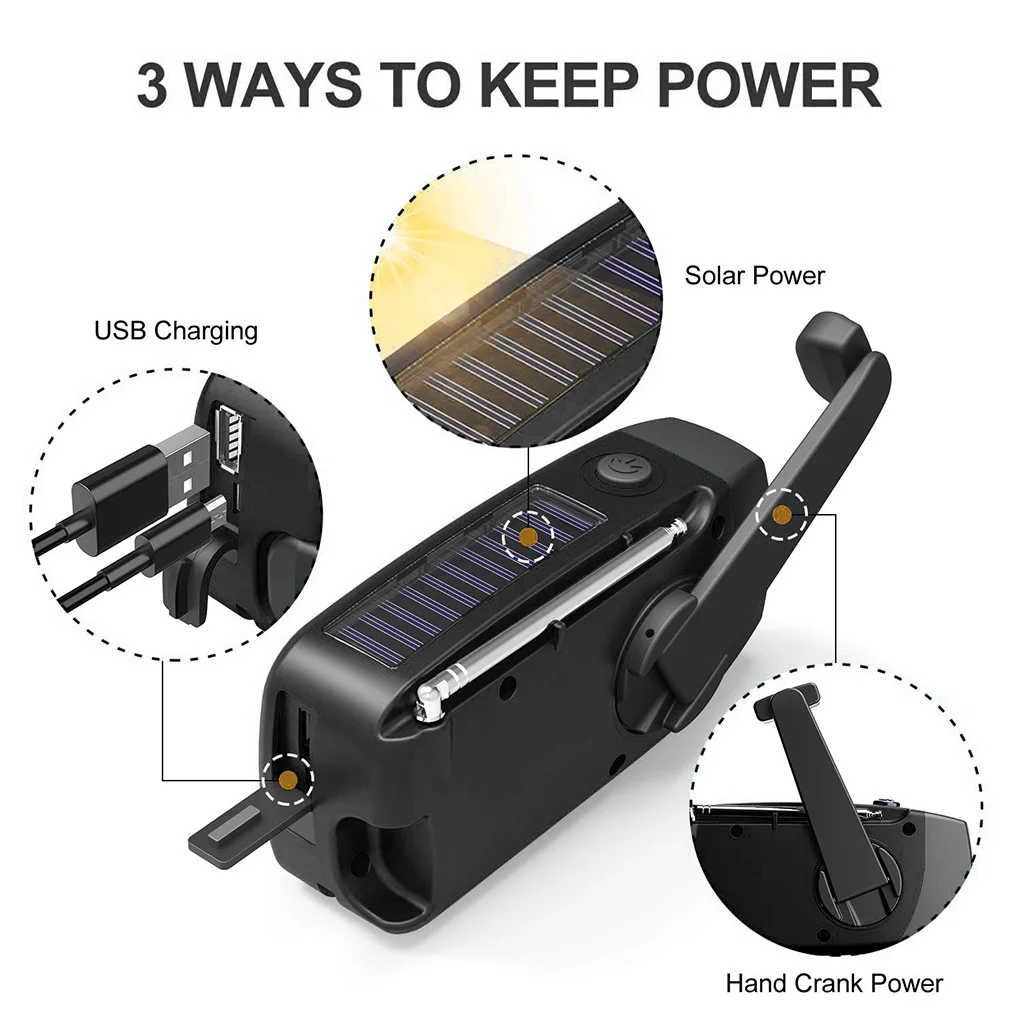 weather radio telescopic antenna hand crank solar rechargeable ipx3 outdoor led flashlight speaker emergency phone charger free global shipping