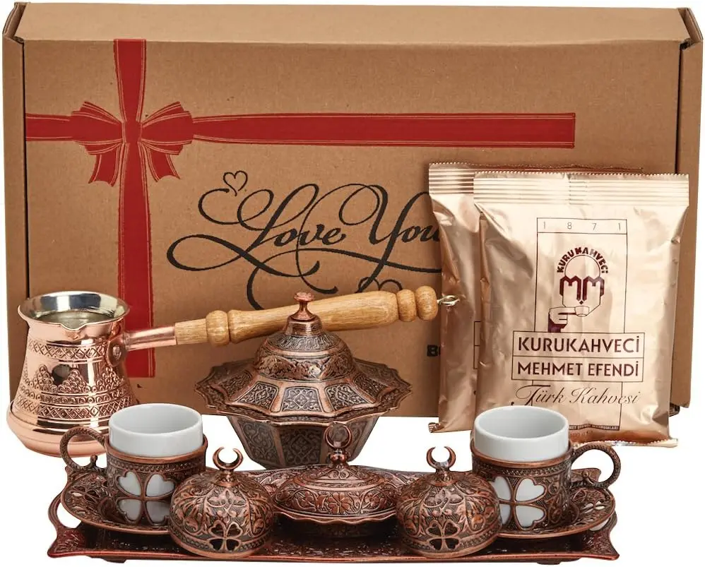 

Pieces Turkish Greek Arabic Making Serving Gift Set with Copper Maker, Cups Saucers, Tray, Sugar Bowl & 6.6 Oz