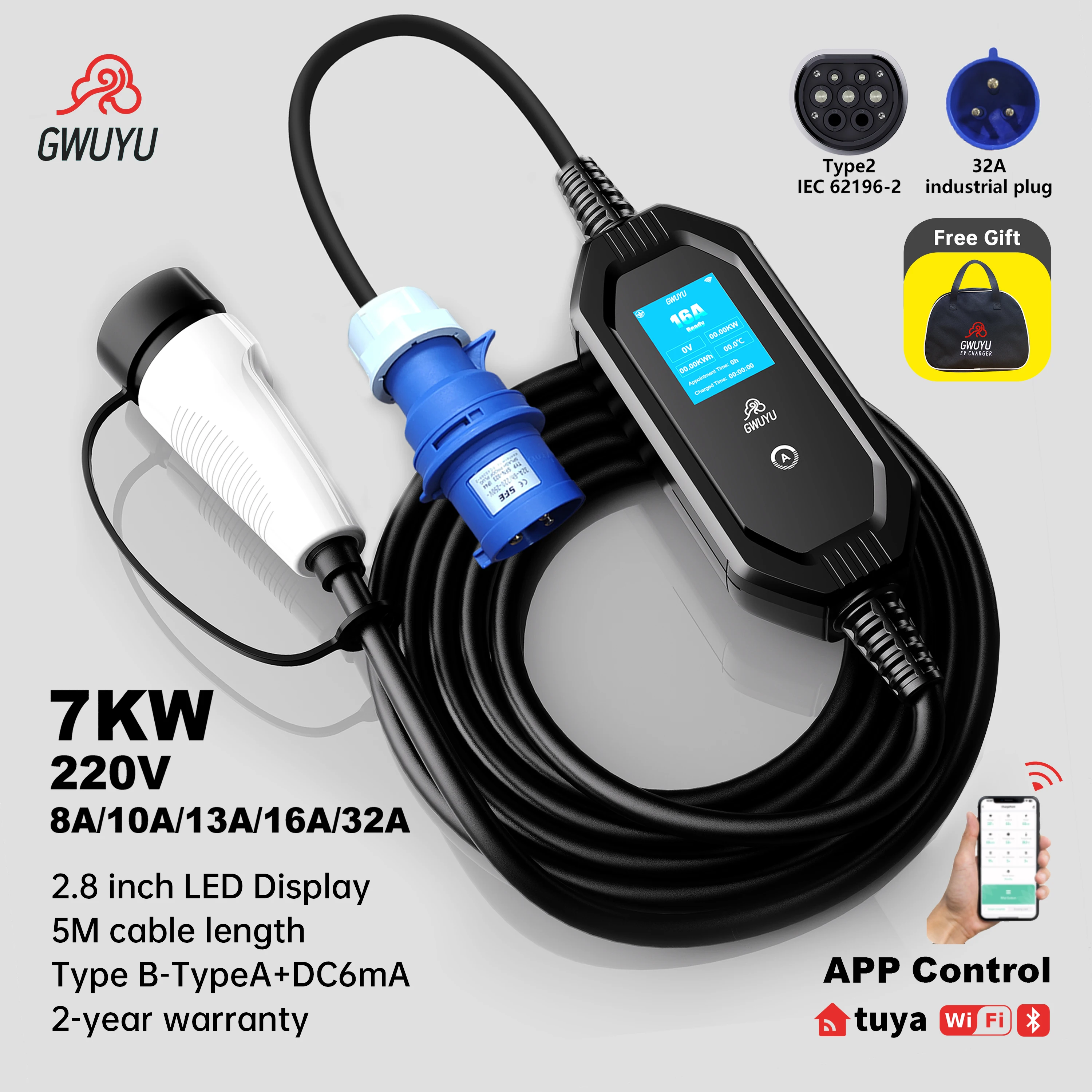 GWUYU 7000 Вт Портативное зарядное устройство для электромобилей Type2 IEC62196-2 Type1 SAE J1772