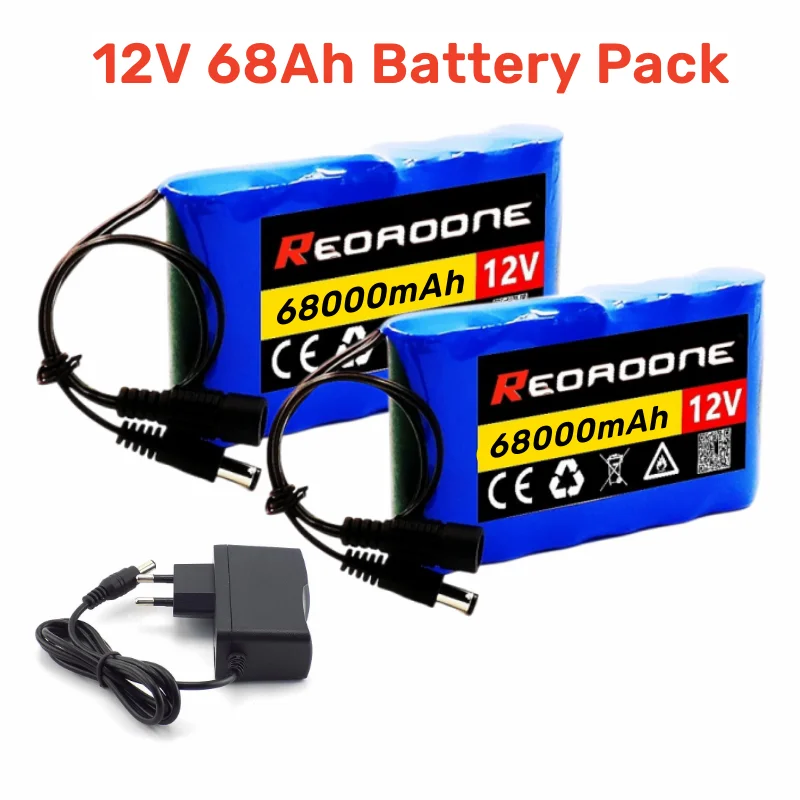 

New 18650 12V 68000mAh Battery Rechargeable Lithium Ion Battery Pack Capacity DC 12.6v 68Ah CCTV Cam Monitor + Charger