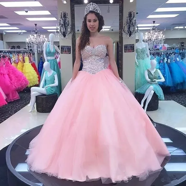 

Pink Sweetheart Debutante Quinceanera Dresses 15 Party Sparkly Crystal Beading Princess Birthday Gowns Plus Size