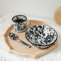 ins retro enamel splash ink enamel tableware salad oatmeal bowl coffee cup korean popular enamel bowl dinnerware set