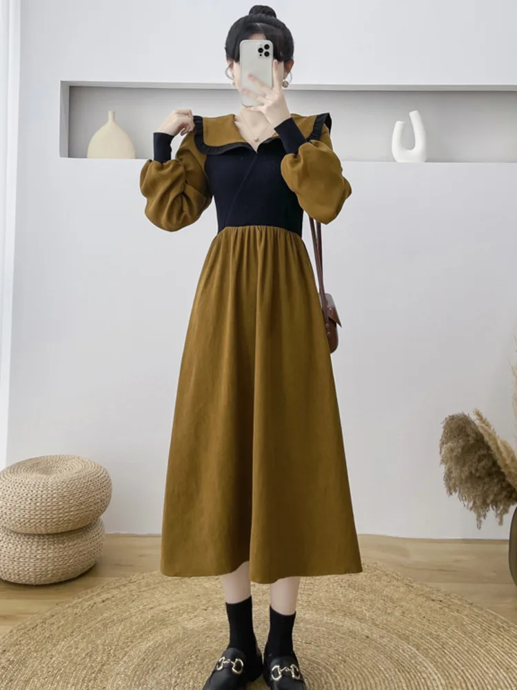 

2023 Spring French Vintage Corduroy Splice Knitted High Waist Long Party Elegant Dresses For Women Fashion Casual Robe Femme