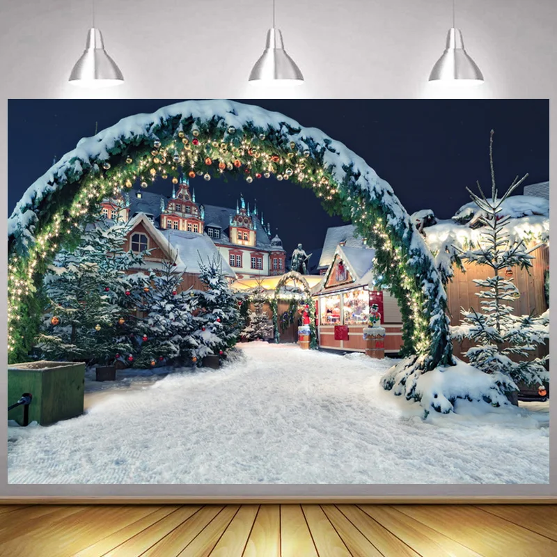 

Winter Snow Street House Christmas Party Backdrop Family Photocall Banner Home Decor Wallpaper Photography Background Poster
