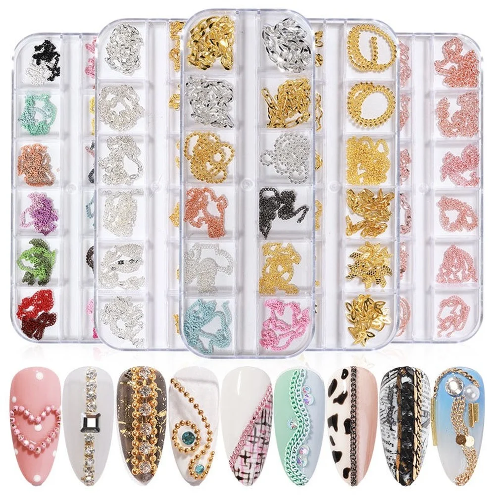 

12 Grids Metal Rivet Nail Art Decoration Studs Mix Style Stars Moon Gold Silver Strass Jewelry DIY 3D Charms Accessories