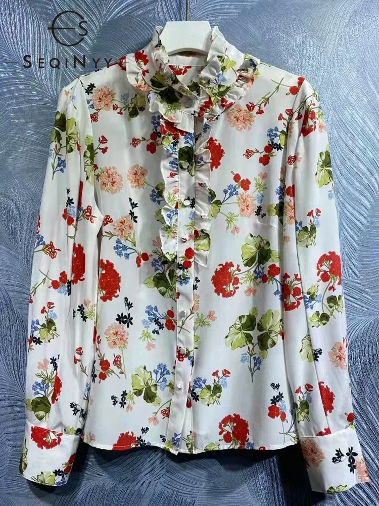 

SEQINYY White Shirt Summer Spring New Fashion Design Women Runway High Quality Flower Print Ruffles 100% Silk Blouse