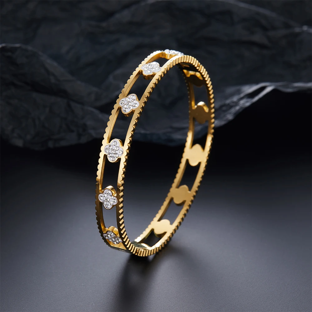 

Crystal Clover Stainless Steel Bracelets Bangles Four Leaf Zircon Lucky Bilezik for Women Jewelry Gift Mujer PulserasDropshipper