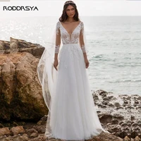 boho beach wedding dress long sleeve lace appliques tulle bohemian bridal gown flowy tulle a line vestido de novia 2022
