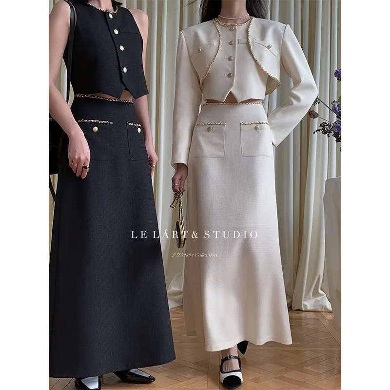 

Solaina 2023 Women Fashion Spring Dress Chain Decoration Gold Buckle Long High-waisted Skirt Dresses for Women 2023