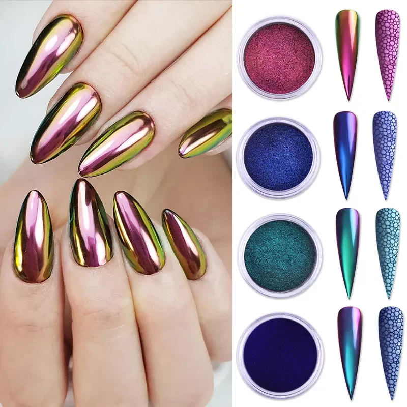 

2022New Chameleon Mirror Nail Glittering Powder Metallic Effect Colors Pigment Nail Art Dust Decorations Black Base Needed