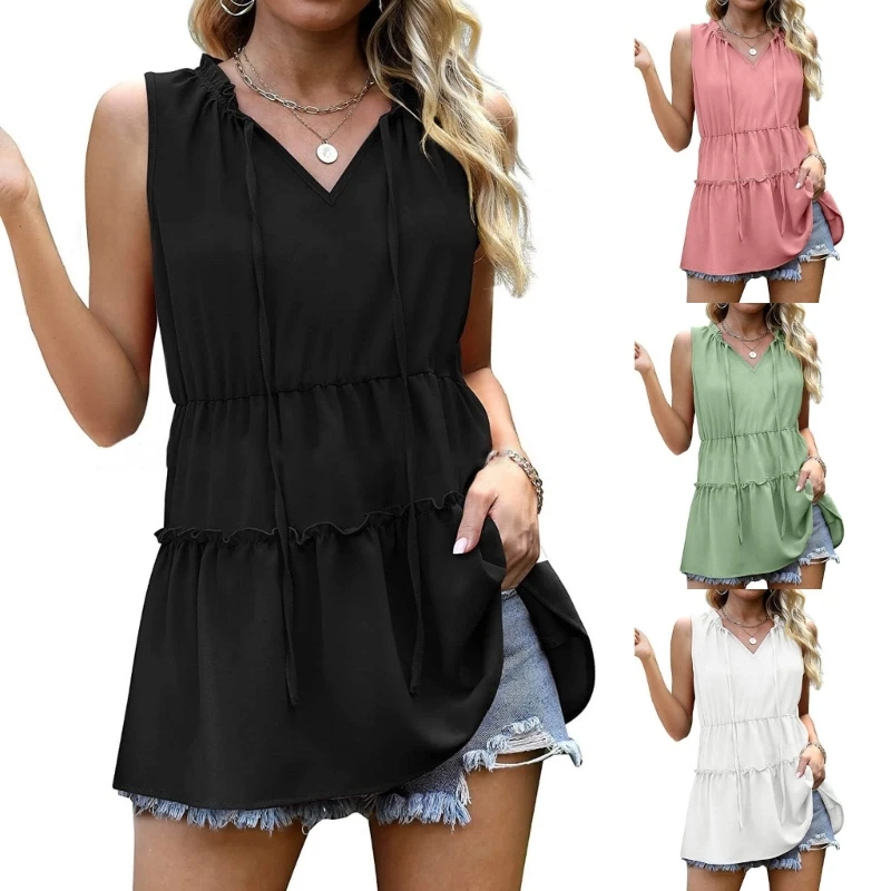 

Relaxed Silhouettes Tanks Tops Chiffon Elegant Solid Vests Ruffle Lace Shirts 10CE