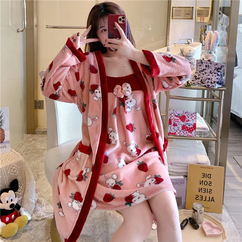 

2022 Winter 2PCS Sexy Thick Warm Flannel Nightgowns Robes Set for Women Cute Cartoon Coral Velvet Sleepwear Bathrobe Night Dress