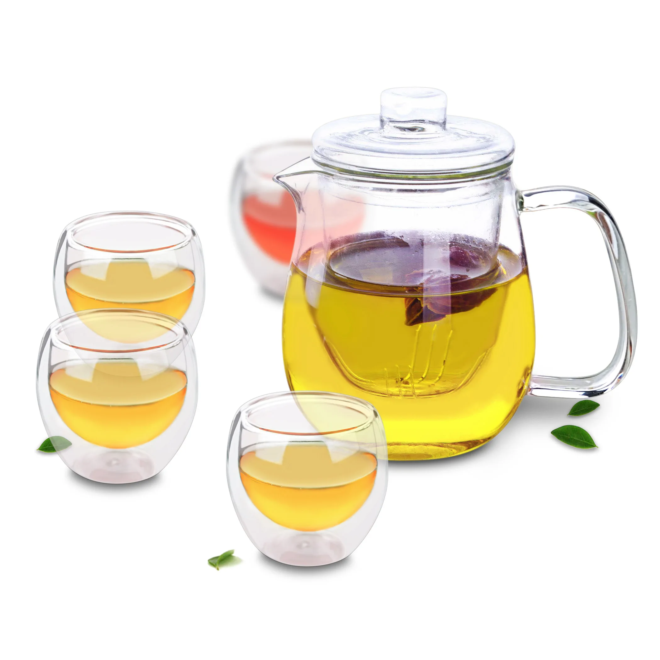 

Clear Tea Set -750ml Heat Resistant Glass Teapot +4x 80ml Double Wall Tea Cups