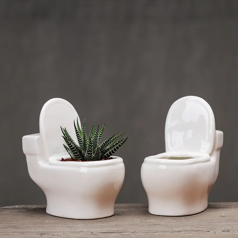 

White Creative Toilet Ceramic Flowerpot Succulent Planter Cute Green Plants Flower Pot with Hole Ceramic Pots for Plants