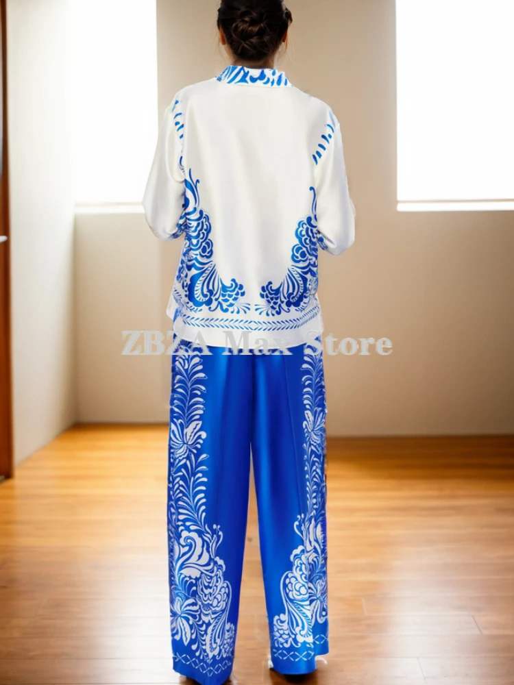 Zbza Женская Атласная Рубашка С Принтом И Широкие Брюки Комплект Высокой Талией