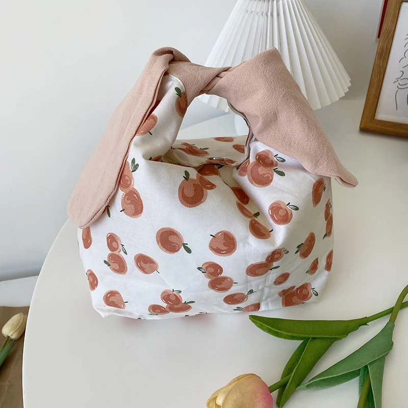 

Kawaii Lunch Bag Women Rabbit Ears Fold Bow Handbags Japanese Cute Office Worker Convenient Lunch Box Tote Food Bags