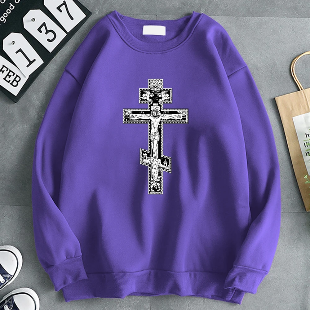 

Gothic Dark Style Orthodox Cross Jesus Little Angel Men Hoodies Autumn Fashion Sweater Crewneck Loose Clothes Cute Fleece Hoody