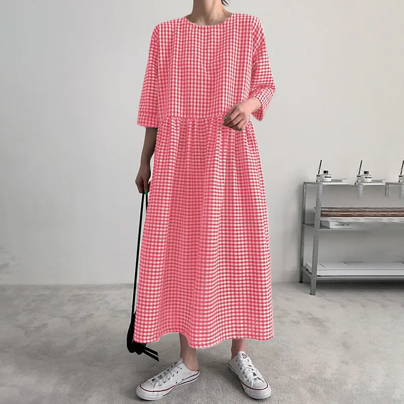 

Женское стильное платье в клетку с эластичной талией, осеннее платье, повседневное и свободное платье с пышными рукавами, Женский пуловер с круглым вырезом и юбкой