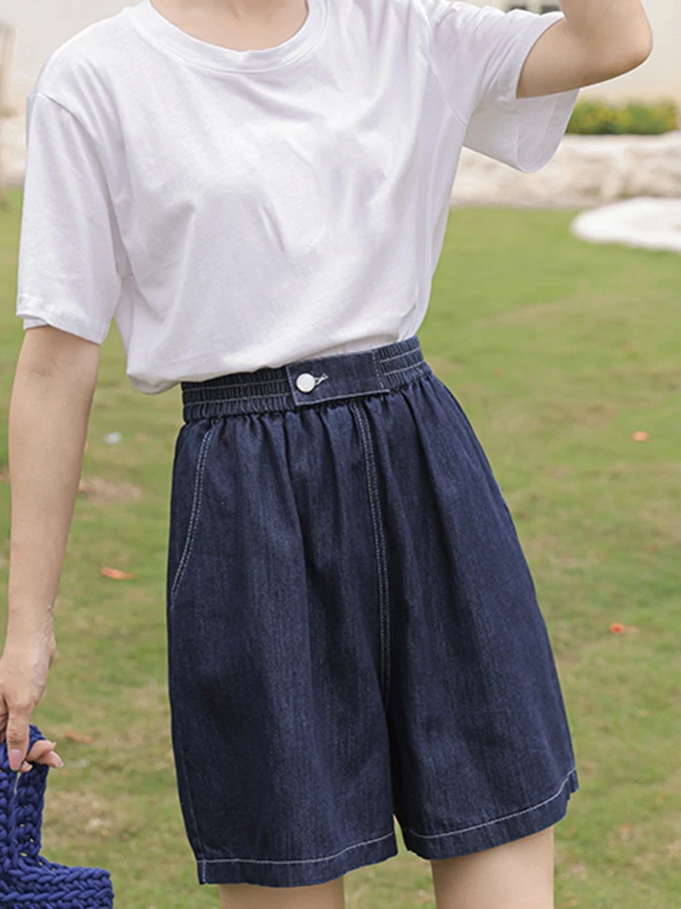 New Spring Summer Women High Waist Loose Retro Denim Shorts Streetwear Female Elastic Button Jeans Shorts Bottoms