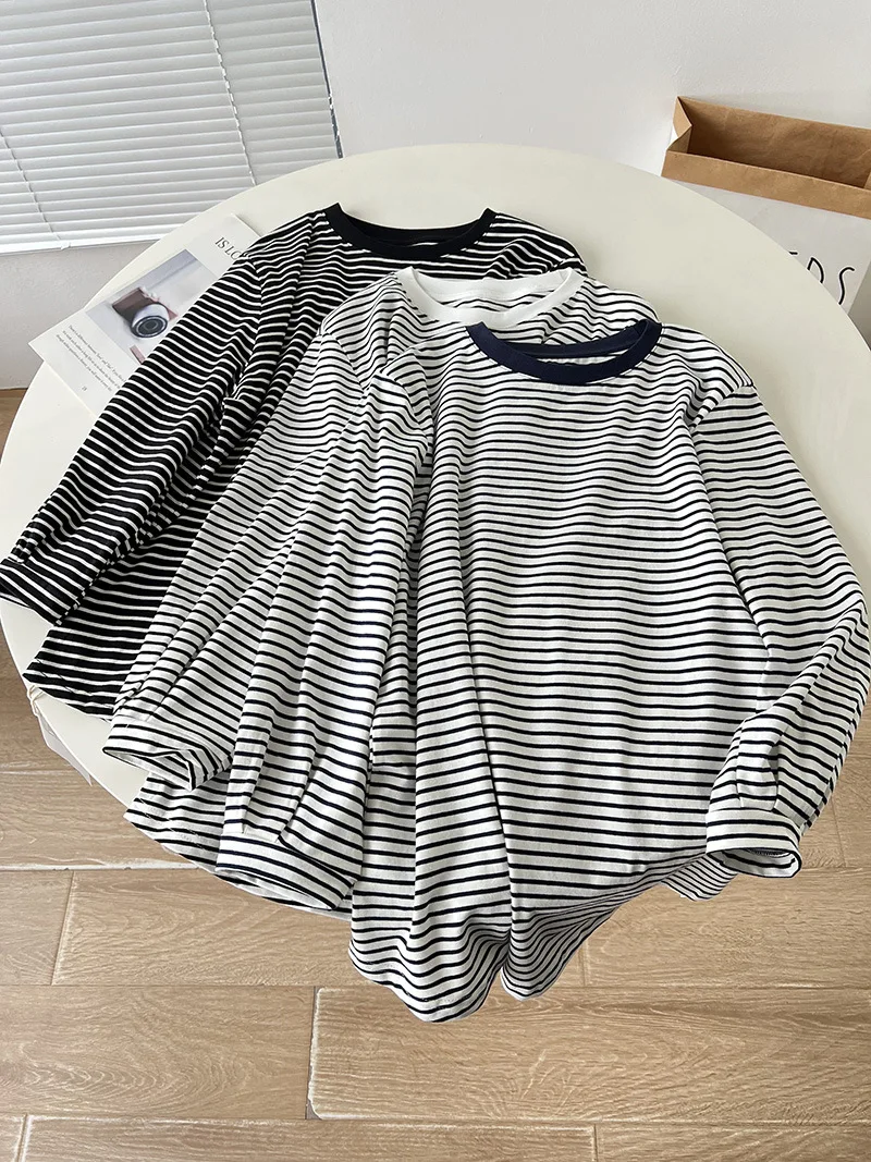 

Striped long sleeved T-shirt for women's new loose fitting and slimming casual top, versatile bottoming trend