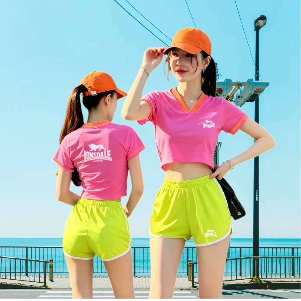 Фото Летний комплект LONSDALE, новые тонкие женские футболки с коротким рукавом, модный комплект, повседневная спортивная одежда, шорты, комплект из двух предметов №4