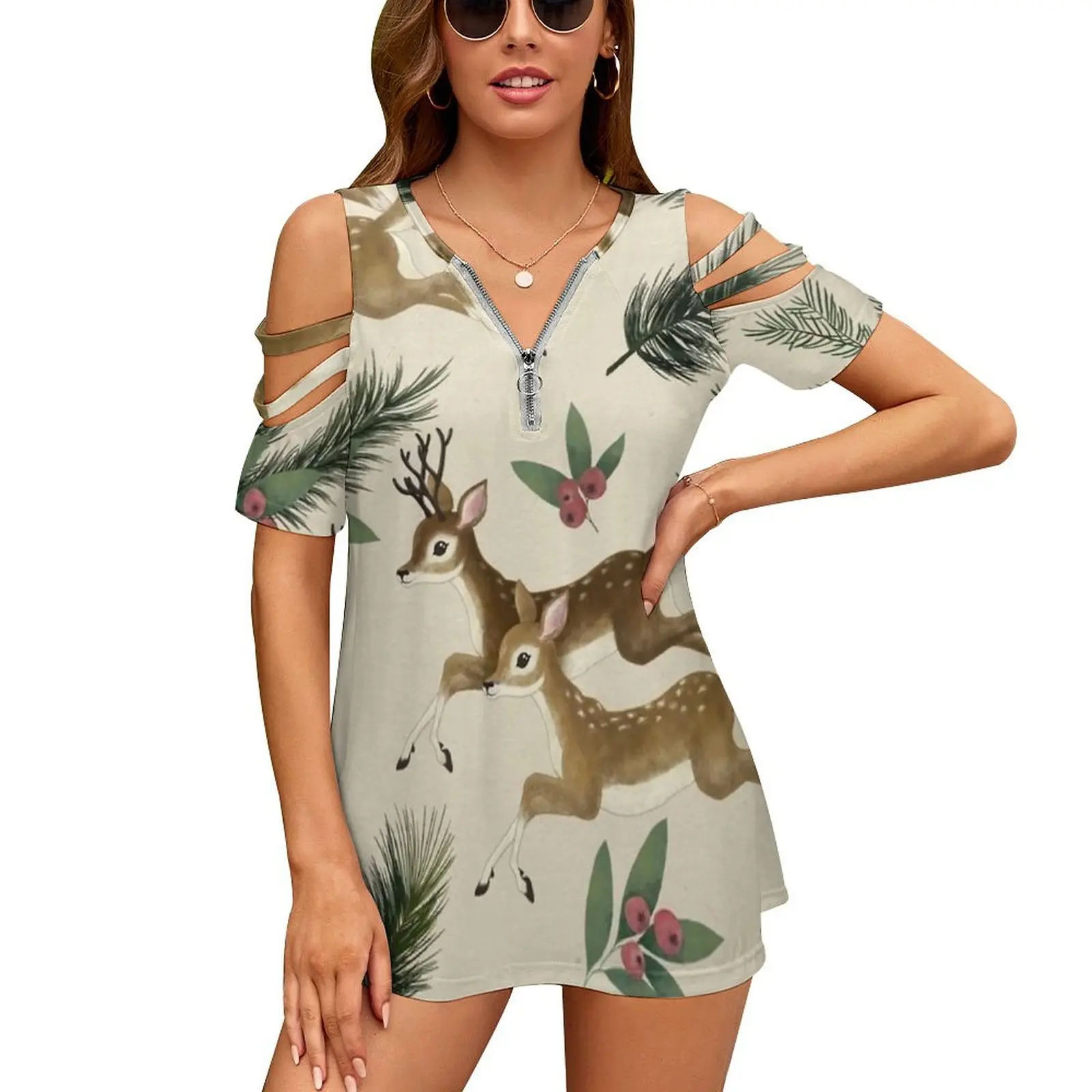 

Женская Винтажная футболка на молнии с принтом оленя/повтора