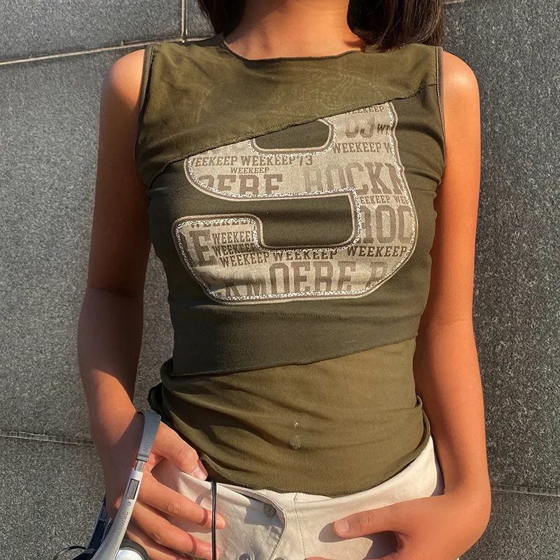 

Vintage Female Camisole Letter Print Round Neck Sleeveless Patchwork Tops Vest Summer Outfit For Ladies Streetwear S M L