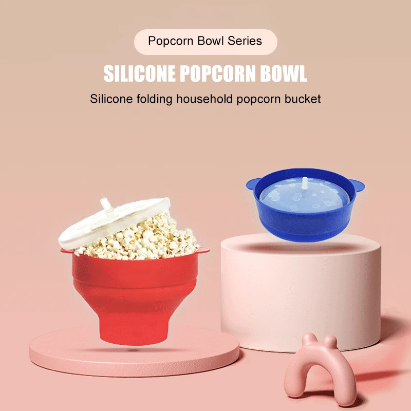 

Microwave Popcorn Bowl Bucket Silicone DIY Red Popcorn Maker with Lid Chips Fruit Dish High Quality Kitchen Easy Tools