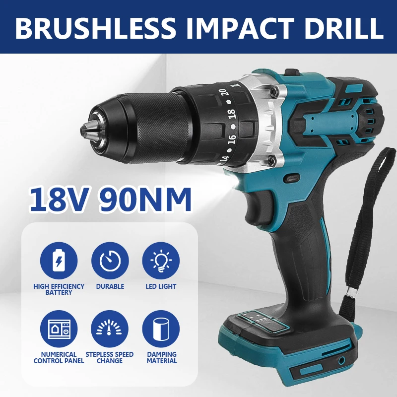 

18V Cordless Drill 3 in 1 Electric Brushless Screwdriver 90NM Impact Hammer 13mm New Rechargeable Power Tools for Makita Battery