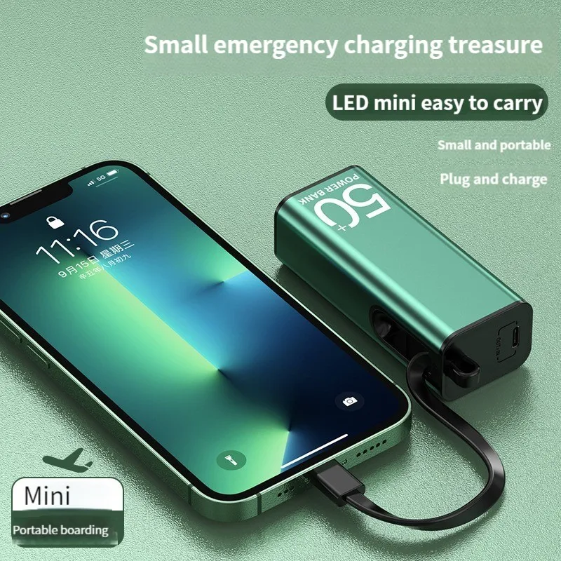

5000mAh Portable Power Bank Built in Cable External Spare Battery Pack Mini Powerbank For iPhone 14 13 Samsung S22 Xiaomi 12S
