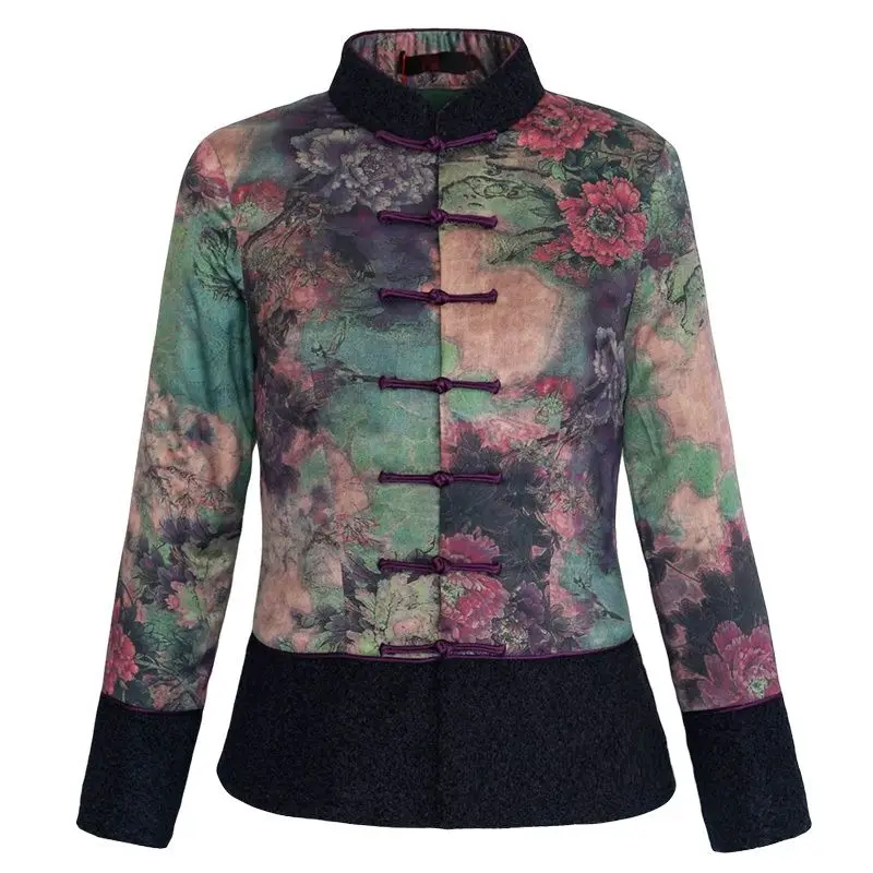 Parka Women's Coats Jackets 2022 Winter New Fashion Cotton-Padded Prints Splicing Chinese Style Retro Warm Skinny Parkas Woman