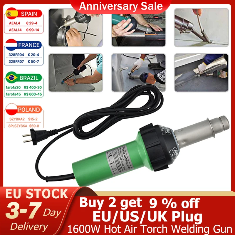 

EU Stock 1600W Welding Gun Hot Air Torch Electric Heat Gun Hand Held Plastic Welding Heating Gun Welder PVC/PE/PP/PVDF