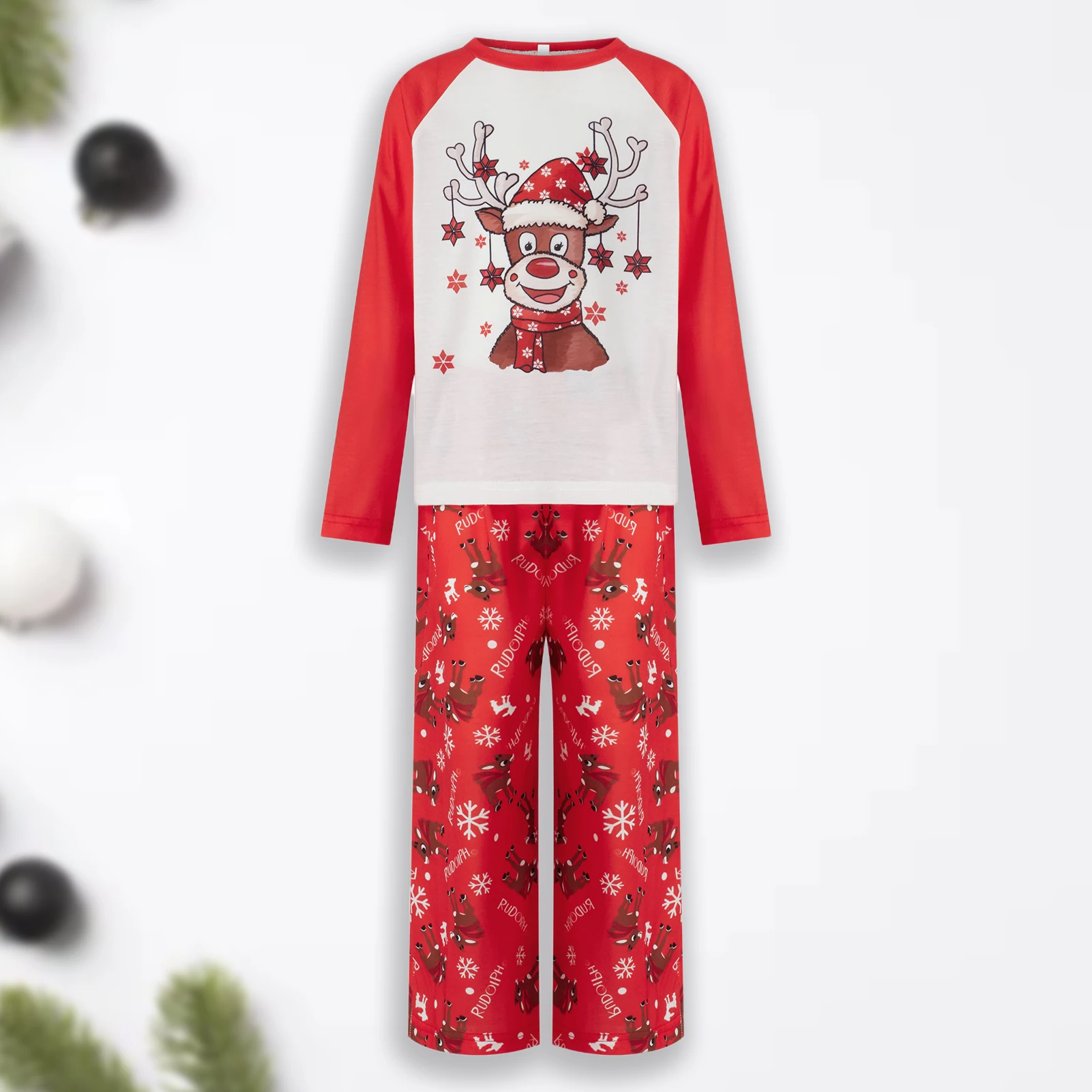 

Семейное красное платье для родителей и детей, осенняя рубашка с круглым вырезом и принтом оленя, топ, брюки свободного кроя, повседневная одежда для сна в рождественском стиле, наряд