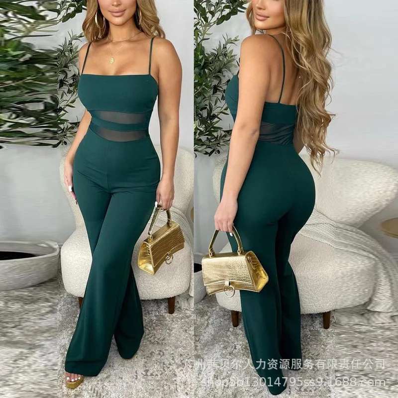 

Summer Jumpsuits Sexy Mesh See-through Stitching High Waist Jumpsuits Women Spaghetti Strap Slash Neck Backless Jumpsuits