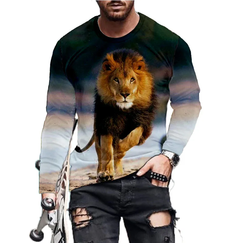 

Мужская футболка с длинным рукавом, многоцветная Футболка большого размера с цифровым 3D-принтом зверя льва, круглый вырез, новинка 2022