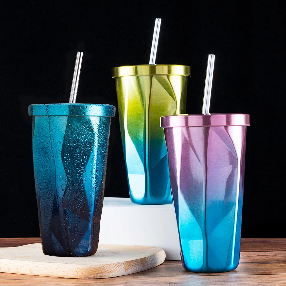 

Stainless Steel Coffee Straw Cup Rhombus Gradual Change Creative Fashion Double Layer With Lid Large Capacity Portable Cup