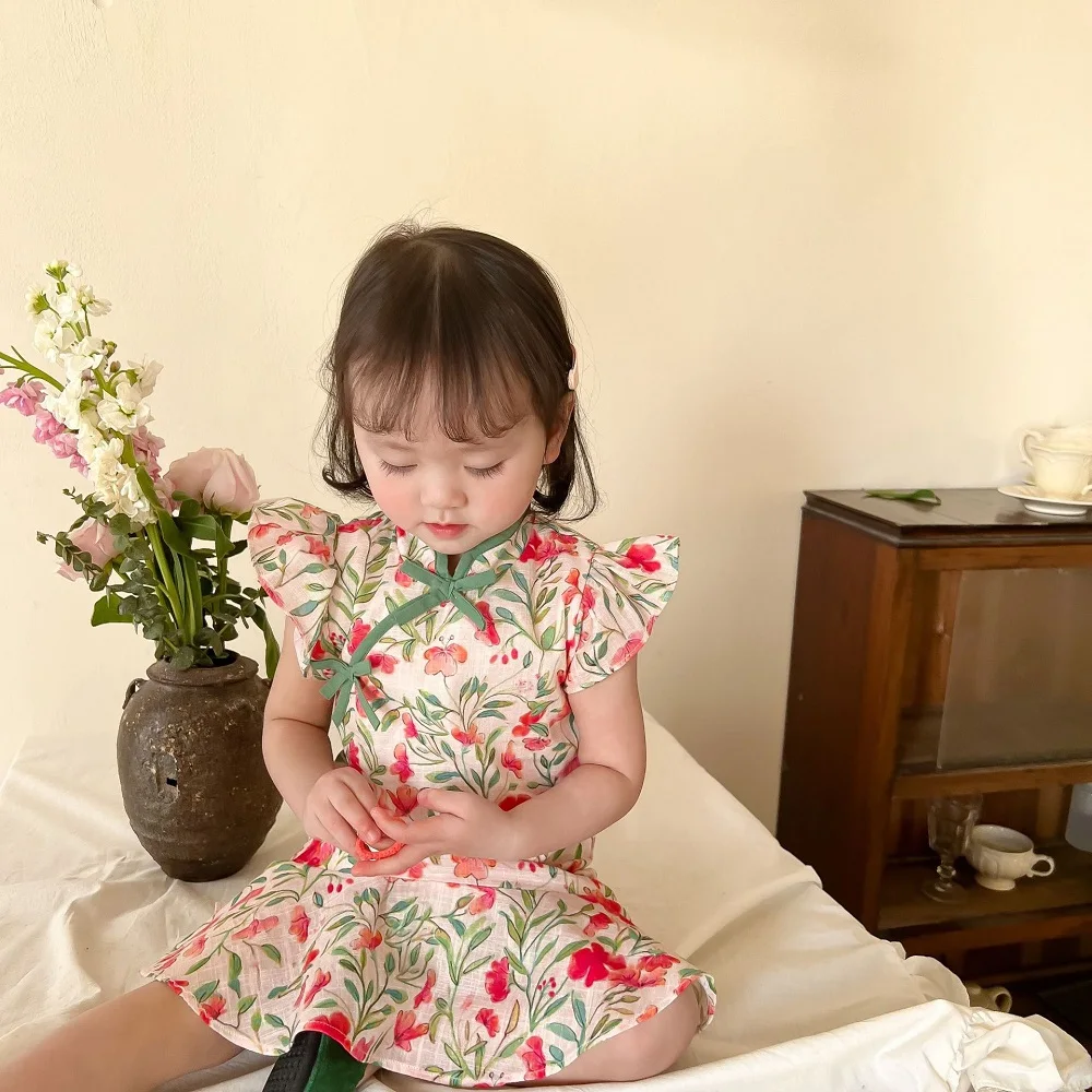 

New 2022 Summer Dresses Styles Chinese Cheongsams For Girls Sweet Broken Flower Cotton Lotus Leaf Skirt Dress For Baby Costumes