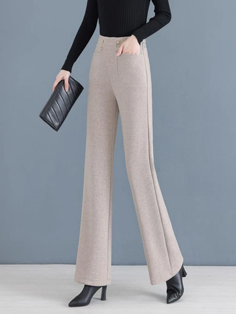 Утепленные шерстяные брюки больших размеров с высокой талией на флисовой