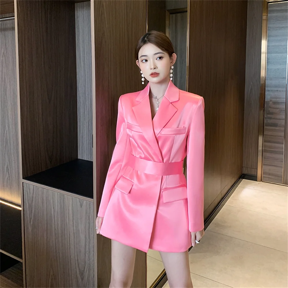 Women's Jacket Satin Blazer Dress Pink Black Suit High Quality Fashion Bright Long Sleeve with Belt Short Sets New in Outerwear