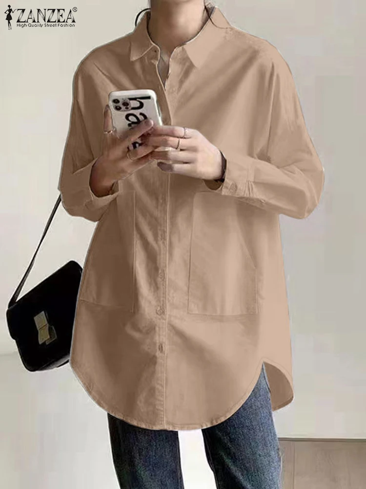 Корейские модные повседневные рубашки ZANZEA для отдыха однотонные женские длинные