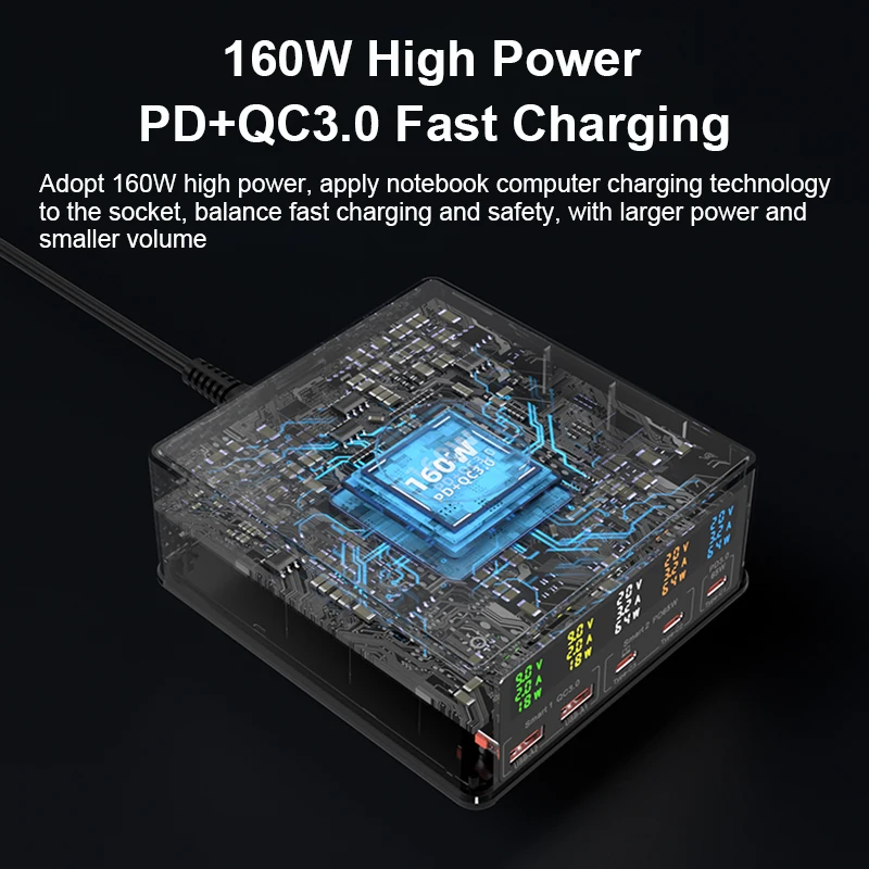ILEPO 160W 5Port USB Charger Staion With 15W Wireless Charger LCD Display USB-C QC3.0 PD 65W Quick Charger For Phone Laptop