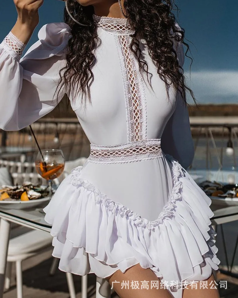 

Women High Waist Mini Dress Hollow Out Ruffles Long Sleeve Sexy White O Neck Party Evening Sexy Cute Dress