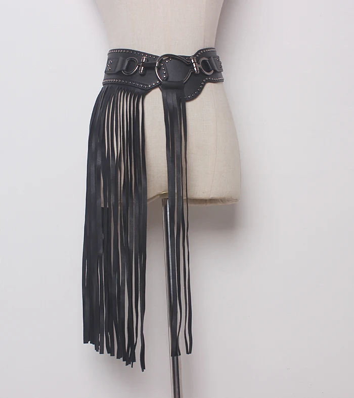 

Женский модный черный эластичный корсет из искусственной кожи с кисточками, женский пояс, пальто, пояс, платье, украшение, широкий пояс J019