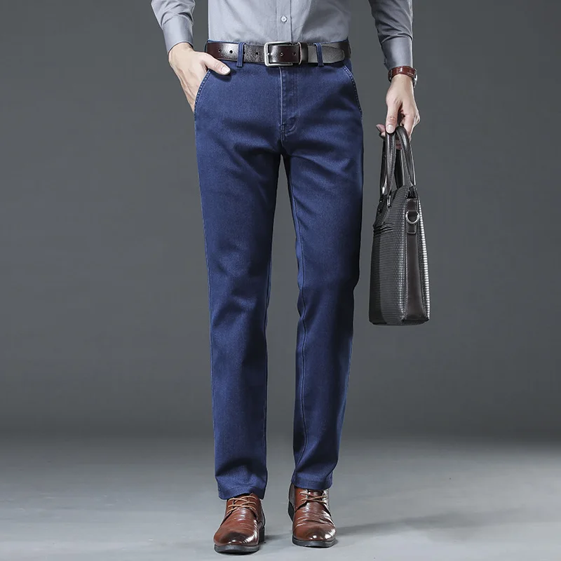

men's autumn and winter jeans Men's Thick Business Casual Jeans Straight stretch elastic high waist men's trousers