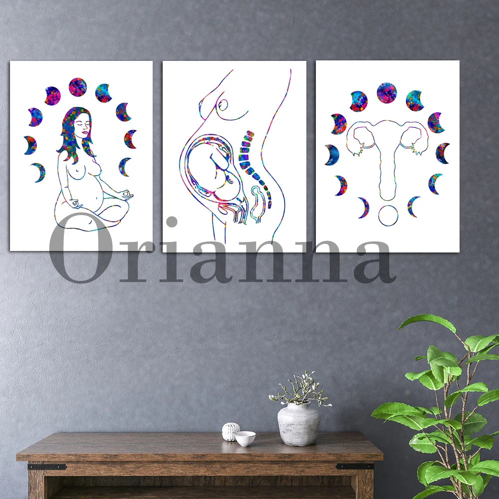 

Pregnant Woman Meditation Print Pregnancy Anatomy Moon Phases Baby In Womb Uterus Silhouette Yoga Teacher Poster Clinic Decor