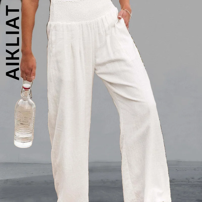

Aikliat Pants New Trousers Women Elastic Korean Office Lady Cotton Linen Pockets Trousers Baggy Pant Casual Hot Leg Mujer Female